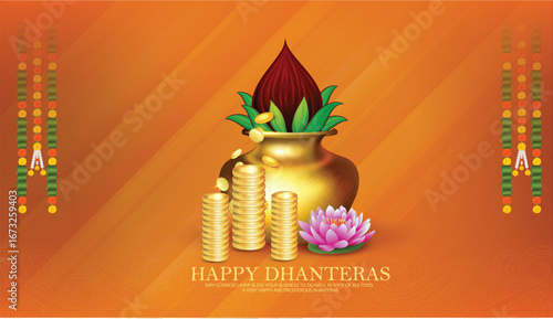 Dhanteras with this vibrant design featuring a kalash, lotus flower, gold coins, and decorative patterns on a rich red and yellow background symbolizing prosperity and blessings.