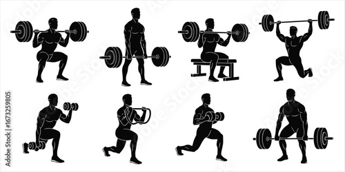 Silhouettes of athletes performing diverse weight training and conditioning exercises weightlifting