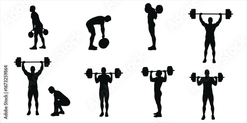 Silhouettes of men performing weightlifting and strength training exercises fitness workout