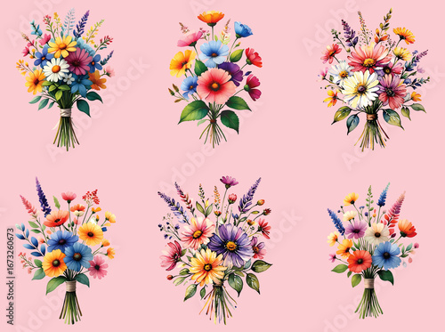 set of flower bouquet isolated on pink background