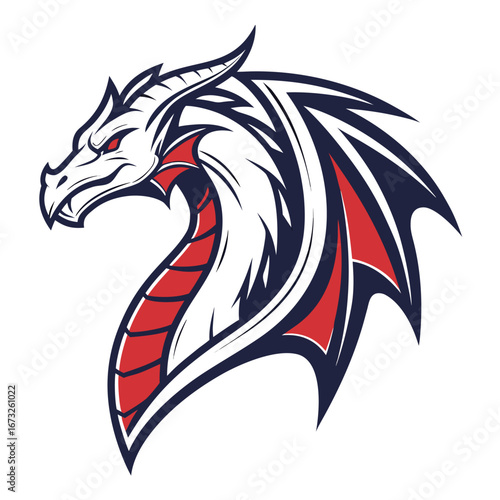 A striking, stylized dragon head emblem, its scales and wings depicted with a dynamic interplay of crimson, navy, and white hues, embodying the creature's formidable nature. Generative AI