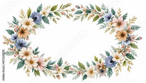 A beautiful watercolor botanical wreath with delicate pastel flowers and leaves on a clean white background.