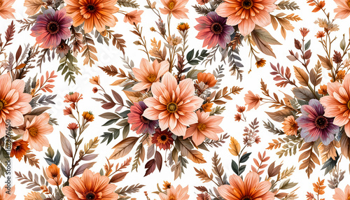 Abstract seamless pattern featuring soft-toned flowers and foliage, perfect for fabric or wallpaper.