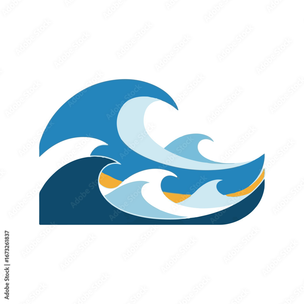 Fototapeta premium Stylized illustration of crashing ocean waves with a beach shoreline under a clear sky
