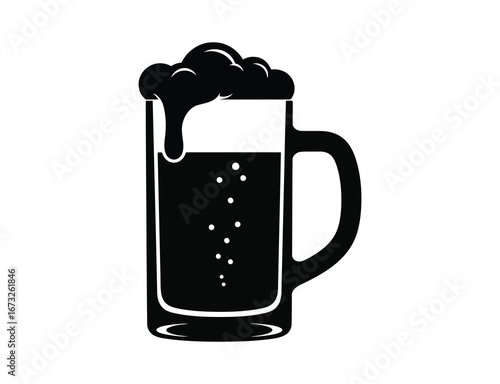 A glass mug of overflowing beer with foam art