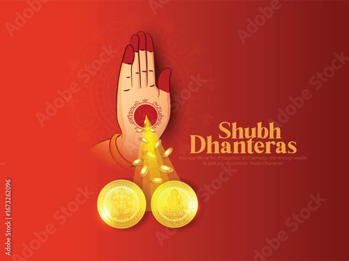Dhanteras with this vibrant design featuring a kalash, lotus flower, gold coins, and decorative patterns on a rich red and yellow background symbolizing prosperity and blessings.
