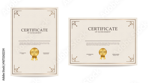 Minimalistic discreet templates for creating diplomas or certificates. Vertical and horizontal light beige layout of the certificate of achievement.