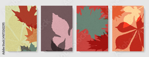 Creative concept of autumn banners with leaves. Modern minimalistic autumn bright design for backgrounds, wallpapers, cards or banners