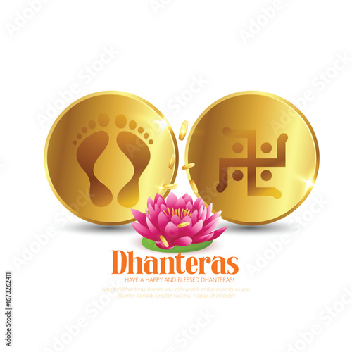 Dhanteras with this vibrant design featuring a kalash, lotus flower, gold coins, and decorative patterns on a rich red and yellow background symbolizing prosperity and blessings.