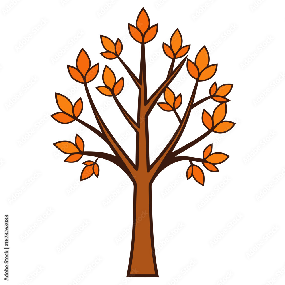 Fototapeta premium A simplified graphic illustration of a vibrant autumn tree, its branches adorned with golden leaves, celebrating the season of change and natural beauty. Generative AI