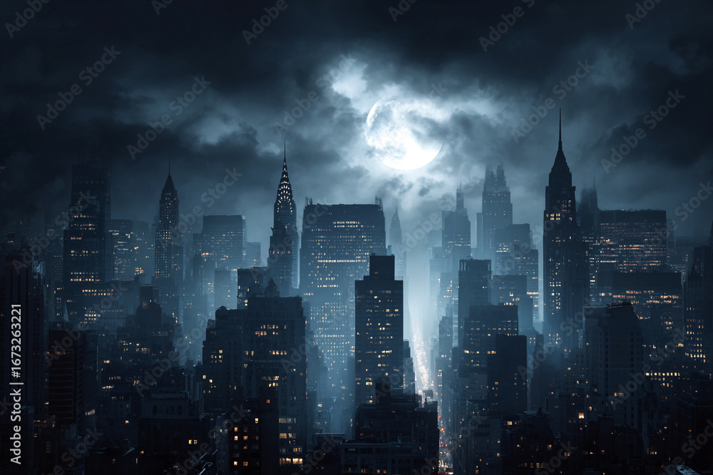 Fototapeta premium Night city skyline moonlit cityscape dark buildings illuminated windows hazy atmosphere