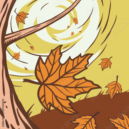 An artistic depiction of autumn leaves swirling and falling from a tree, illustrating the essence of the season. Generative AI