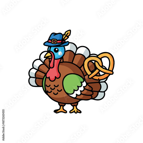 A festive cartoon turkey wearing a Bavarian Oktoberfest hat and holding a delicious pretzel, a fun Thanksgiving and German culture mashup
