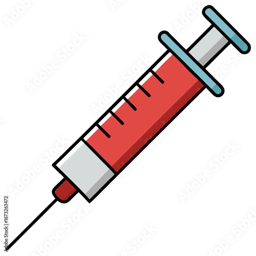 A close-up shot of a medical syringe, ready for use, the syringe is positioned at an angle, showcasing its intricate parts in stunning detail. Generative AI