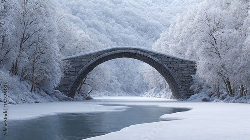 A Winter's Embrace: Majestic Stone Bridge Over Frozen River