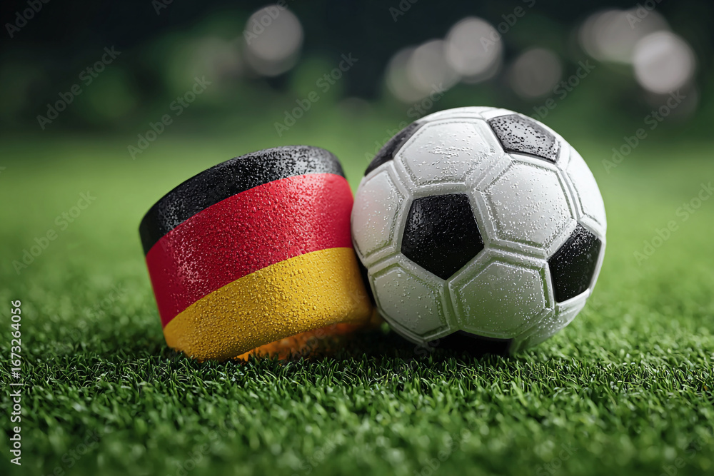 Wet soccer ball and German flag on green grass Wet soccer ball and German flag on green grass