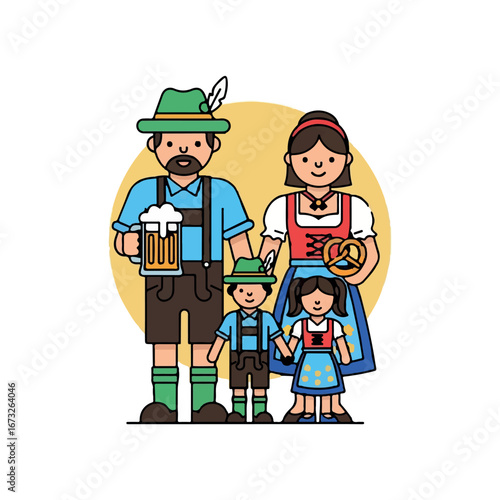 A happy family dressed in traditional Bavarian dirndl and lederhosen costumes for a German folk festival celebration