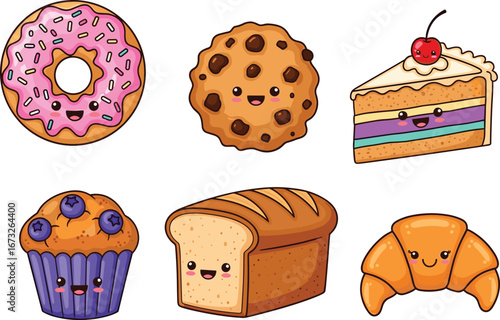Cartoon baked goods set, donut, cookie, cake slice, muffin, bread loaf, croissant, cute smiling dessert vector illustration for kids