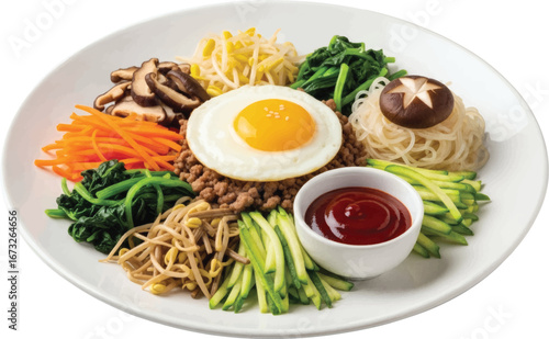 Bibimbap bowl with egg, vegetables, and meat