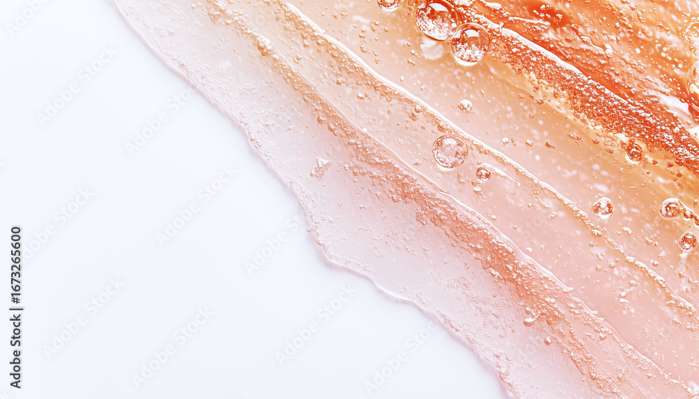Fototapeta premium Close-up of cosmetics texture on white background. Translucent beige gel with air bubbles. Horizontal image with copy space