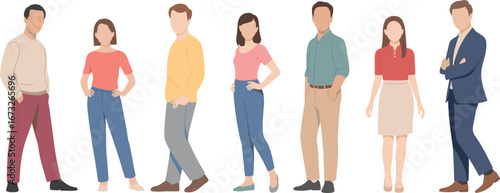 Casual diverse group of people standing together, community concept, modern fashion, relaxed team, multicultural illustration for lifestyle and teamwork
