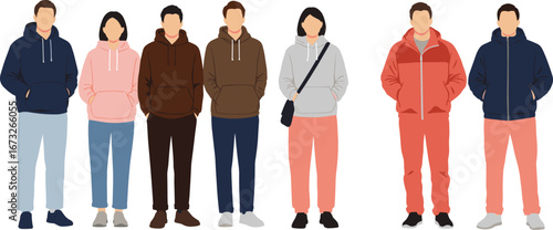 Hoodie outfit illustration, diverse people in casual wear, modern street style, standing group vector, trendy fashion, youth clothing concept, minimal