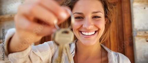 Joyful woman holding house keys with a smile.