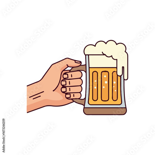 Vector illustration of a hand holding a refreshing mug of frothy beer, symbolizing celebration, cheers, and social drinking
