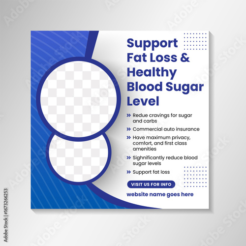 Weight Loss Program Banner For Health And Fitness Campaigns. Support fat loss and healthy blood sugar social media cover in square lyaout. blue and white background with photo space and line pattern