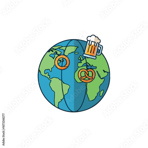 Conceptual illustration of a global beer and pretzel festival with a cartoon Earth, mug, and salty snacks