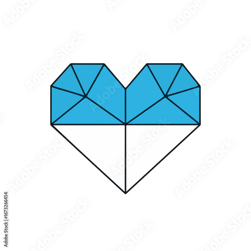 Minimalist geometric heart icon with a blue top half and an outlined bottom, symbolizing the duality of modern love and digital affection