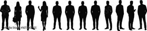 Silhouette business people standing, professional group vector, team illustration, black outline figures, modern corporate concept, isolated white background, minimal
