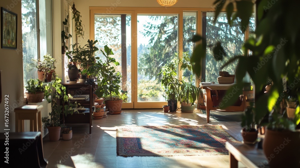 Fototapeta premium A room with a rug and a large window
