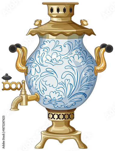 Traditional Russian Samovar with Blue Floral Ornament