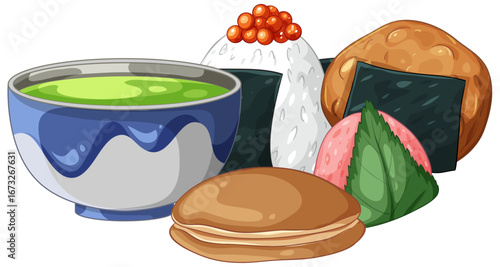 Traditional Japanese Snacks and Matcha Tea Vector Illustration