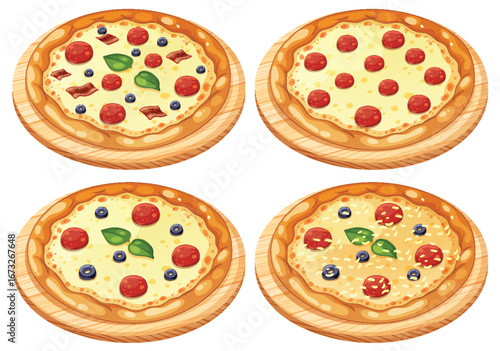 Four Varieties of Pizza on Wooden Boards Illustration