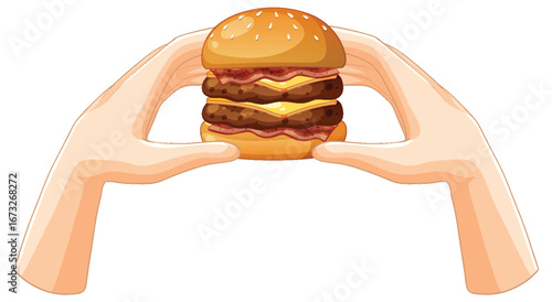Hands Holding Double Cheeseburger with Bacon and Lettuce