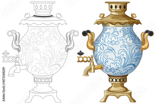 Traditional Russian Samovar with Floral Ornament Vector