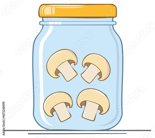Cartoon illustration of mushrooms preserved in a glass jar, food concept.