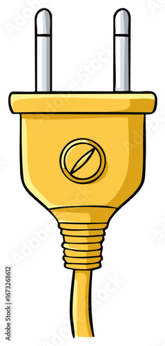 Cartoon illustration of a yellow two pin European style electrical power plug with cord