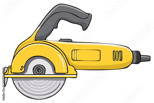 Cartoon illustration of a yellow circular saw, a construction tool.