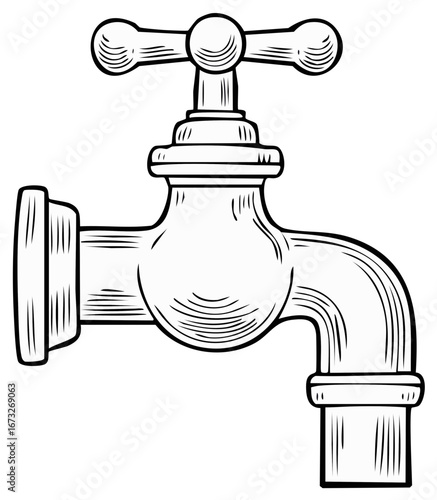 A classic vintage water tap or faucet shown in a black and white line art illustration