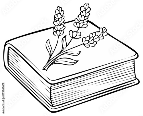 Lavender flower and leaves on a book.