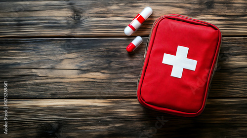 first aid medical kit wood background copy space top view health medicals care bandage help white cross medicine wooden background ai generative