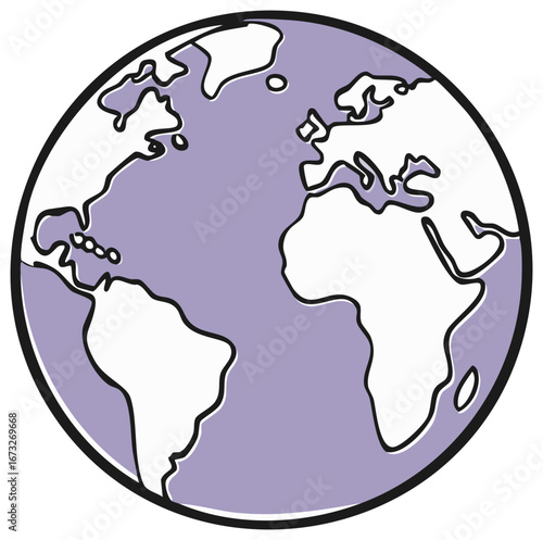 Stylized hand-drawn globe illustration with white continents and purple oceans for global concepts