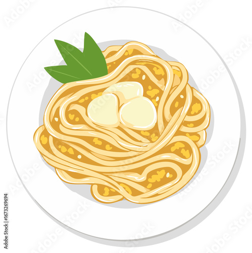 Delicious pasta dish with creamy cheese and fresh basil leaves on a white plate