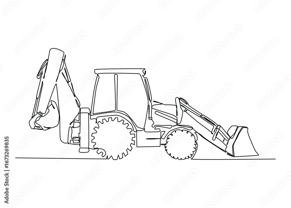 Naklejka premium Continuous one line art of backhoe Vector construction Vector illustrations.