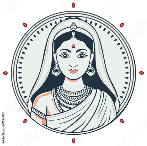 Traditional Indian Woman adorned with jewelry and head covering in circular frame