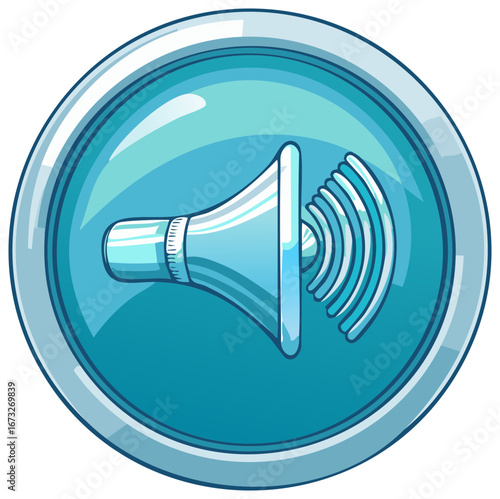 Illustration of a glossy blue megaphone speaker icon with sound waves for communication