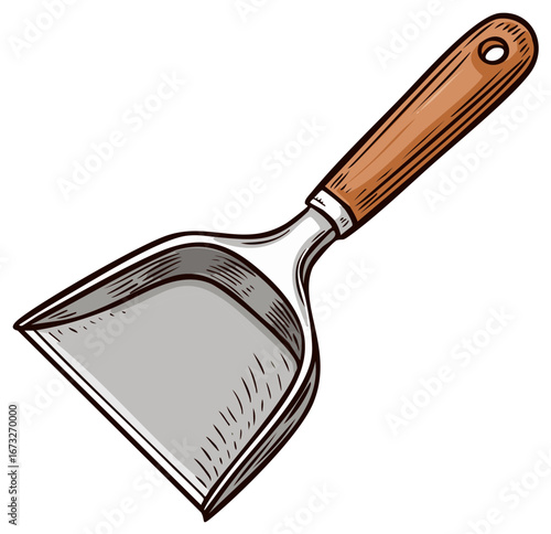 Classic metal dustpan with a wooden handle in a hand drawn vector sketch style